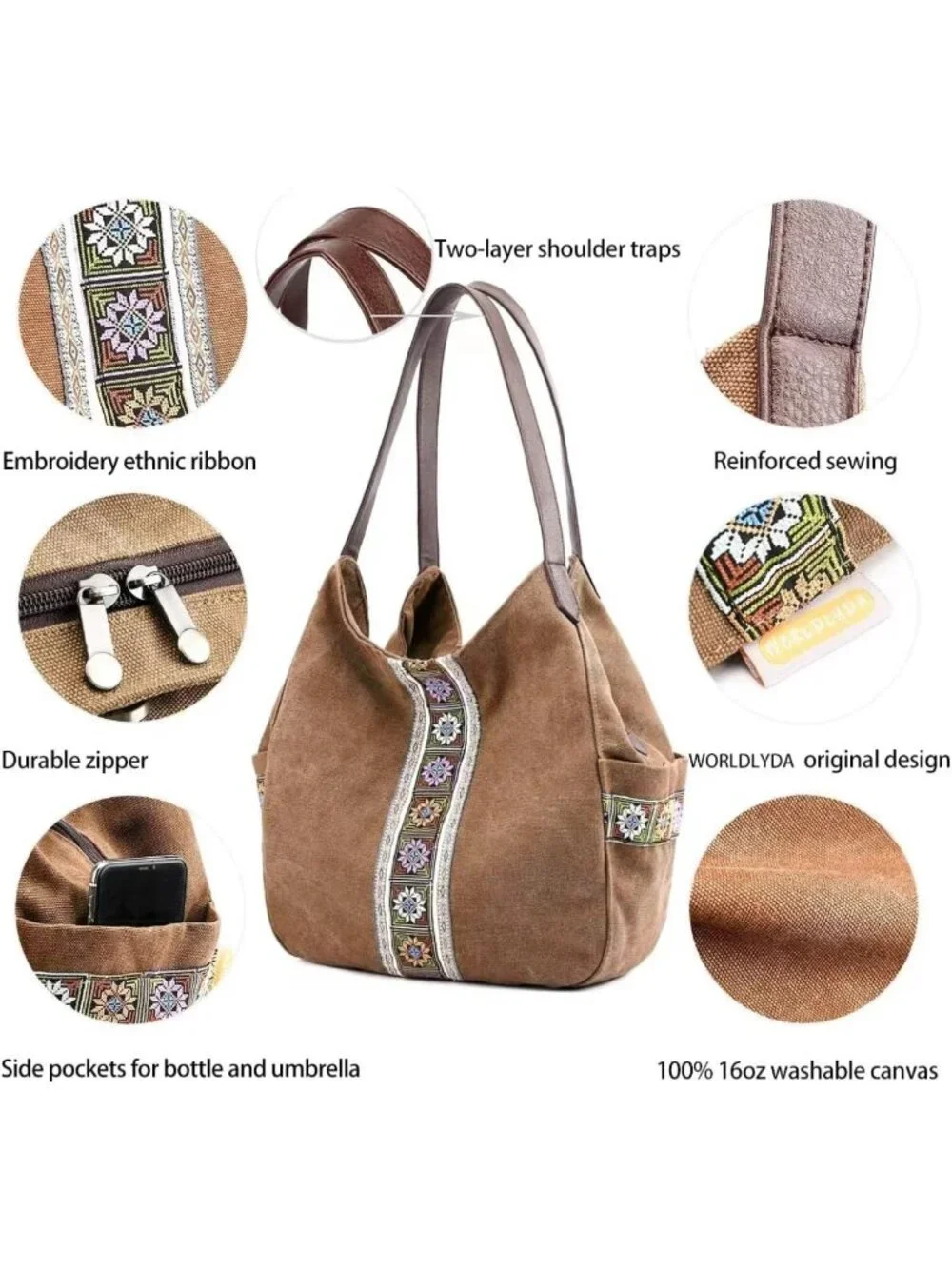 Stylish Women’s Canvas Hobo Tote Bag - Multi Pocket, Embroidered Shoulder